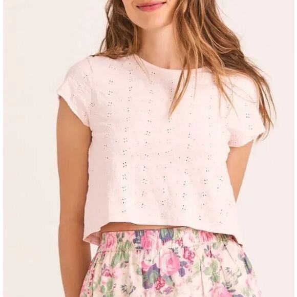 LoveShackFancy Rubin Cropped Tee Shirt Eyelet Short Sleeve Powder Pink Size Smal - Picture 1 of 11